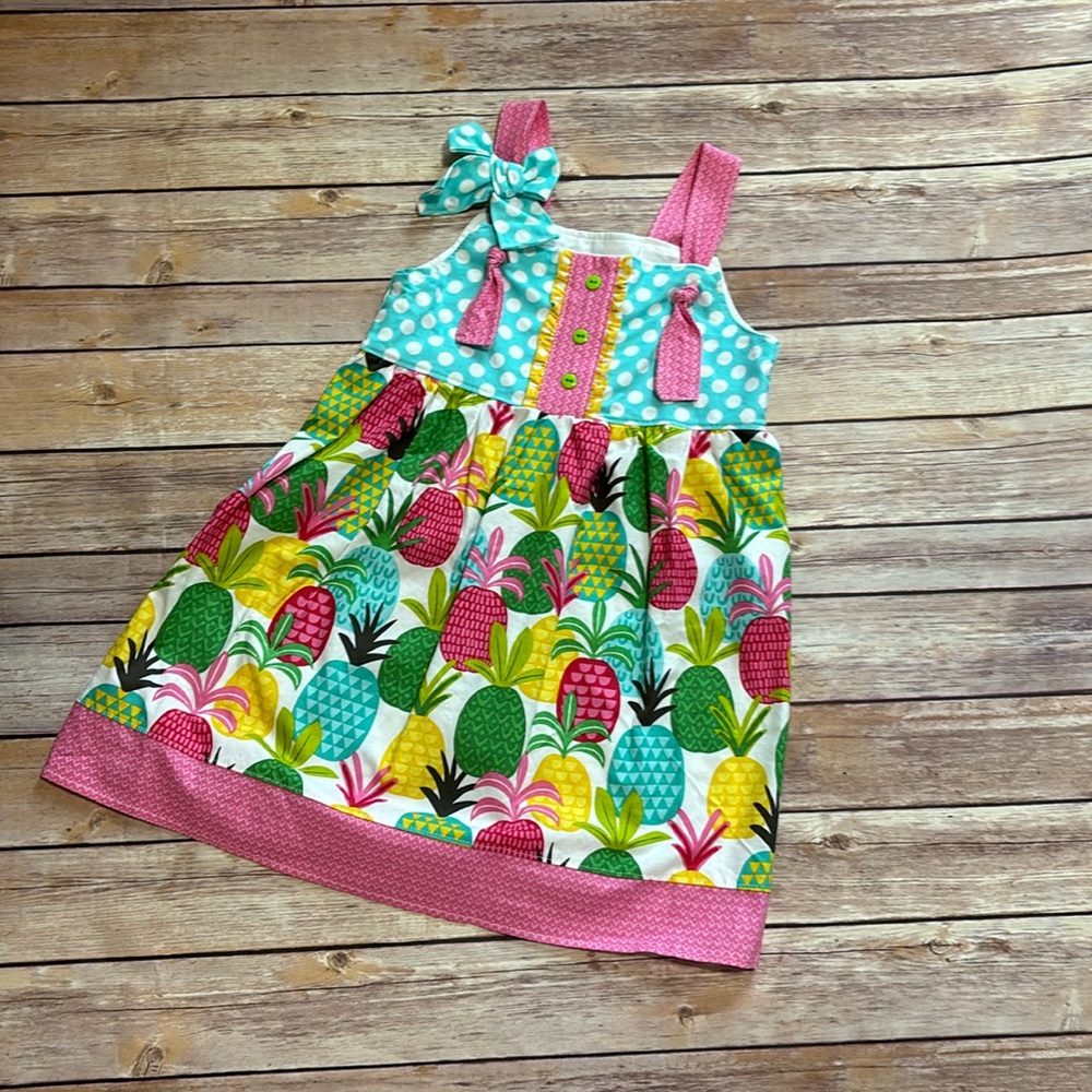 Colorful, pineapple, handmade dress with hair bow
